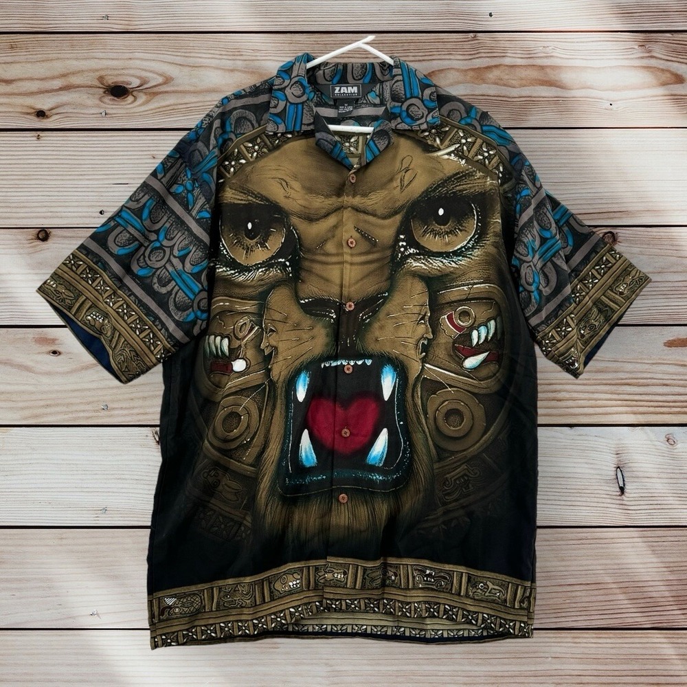 ZAM‎ Shirt Mens Size Medium Tiger Lion Print Anime All Over Rayon Button Up